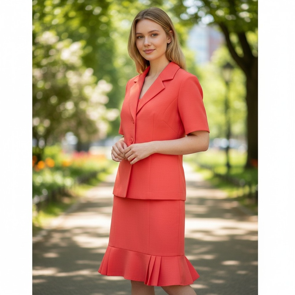 Danny & Nicole Womens 10 Coral Pink Skirt Suit Short Sleeve Pleated‎ Hem 2pc Set